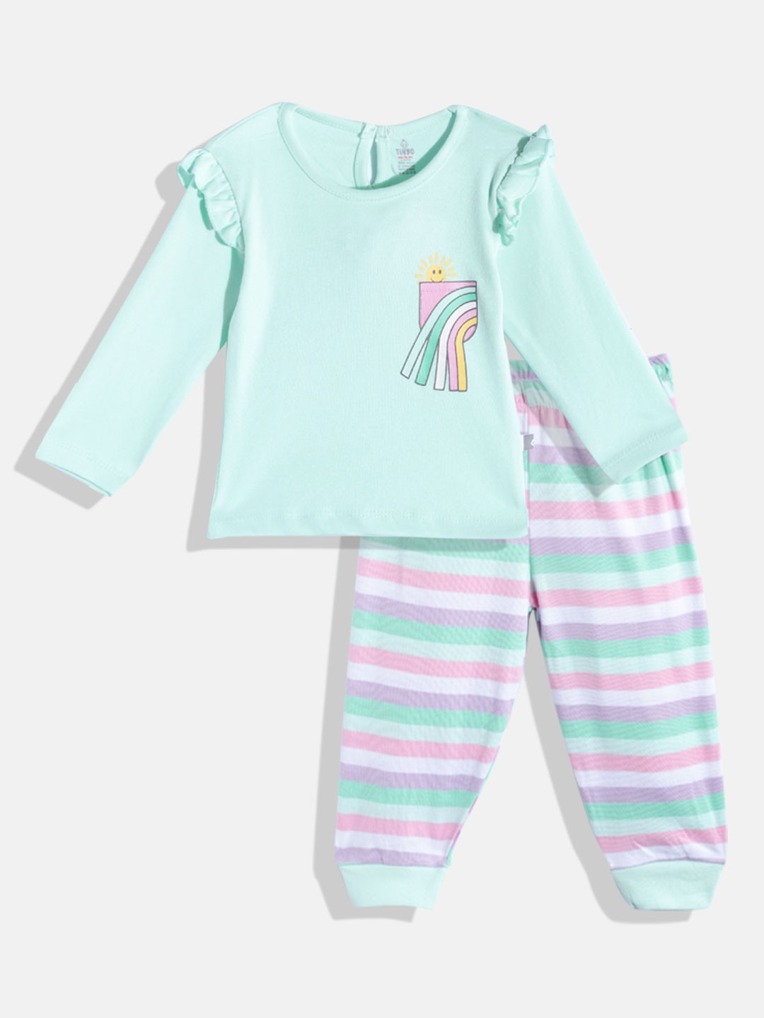 

TINYO Infant Girls Green & Lavender Pure Cotton Top with Striped Leggings