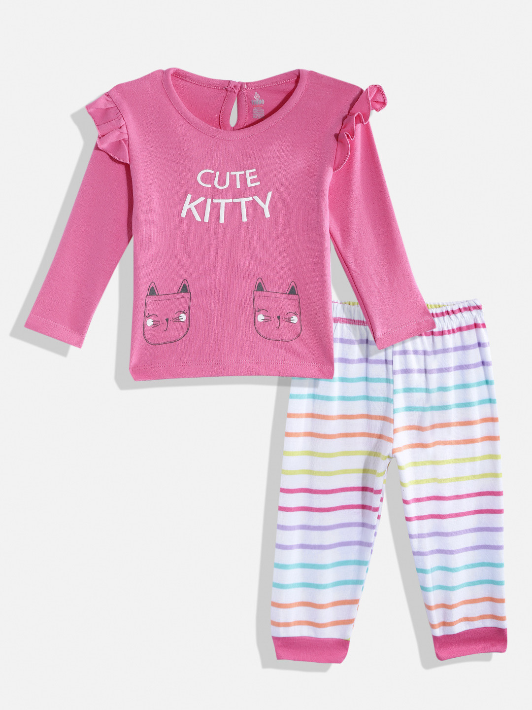 

TINYO Infant Girls Pink & White Printed Pure Cotton Top with Striped Leggings