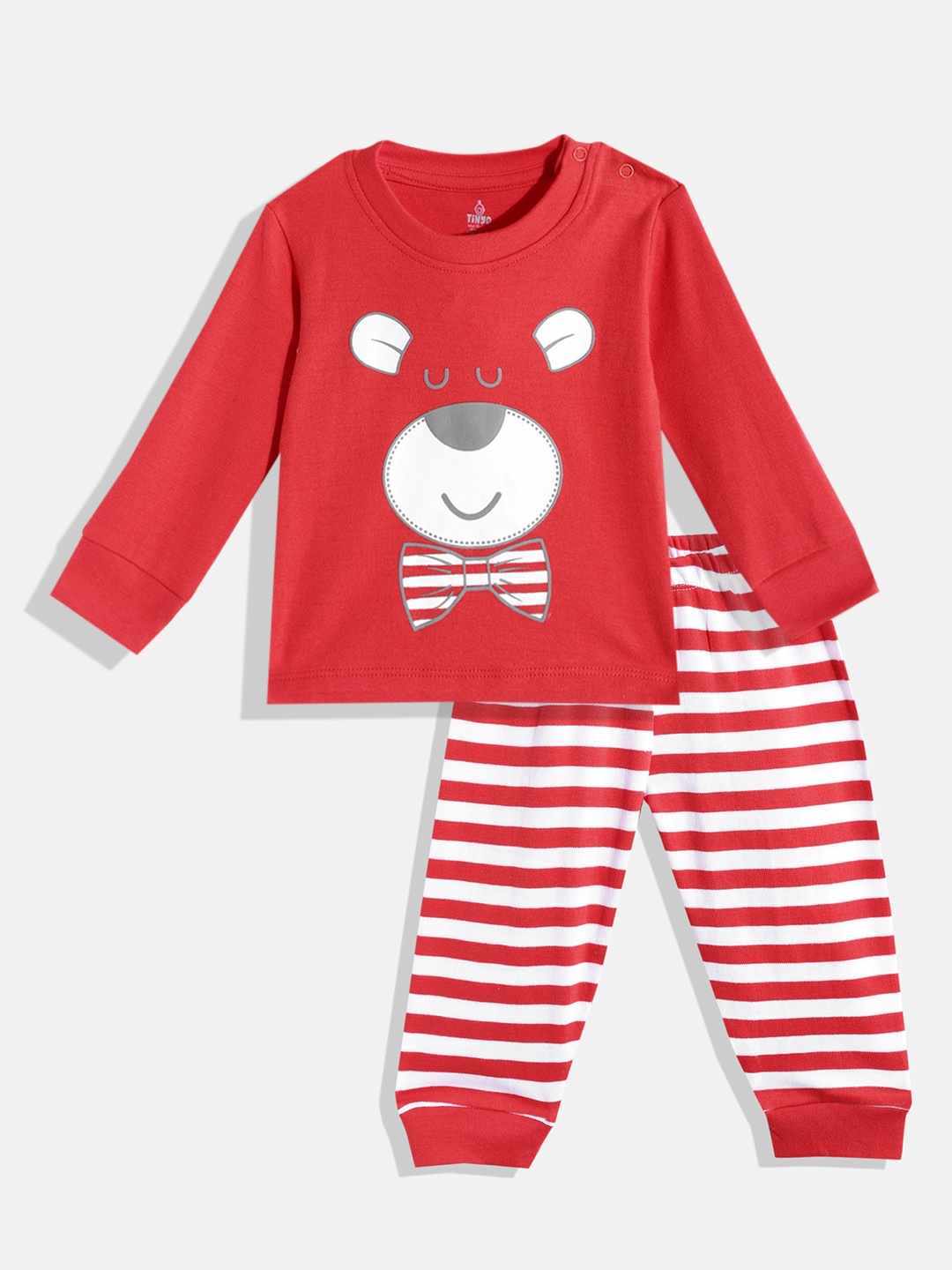 

TINYO Infant Boys Red & White Printed Pure Cotton T-shirt with Trousers