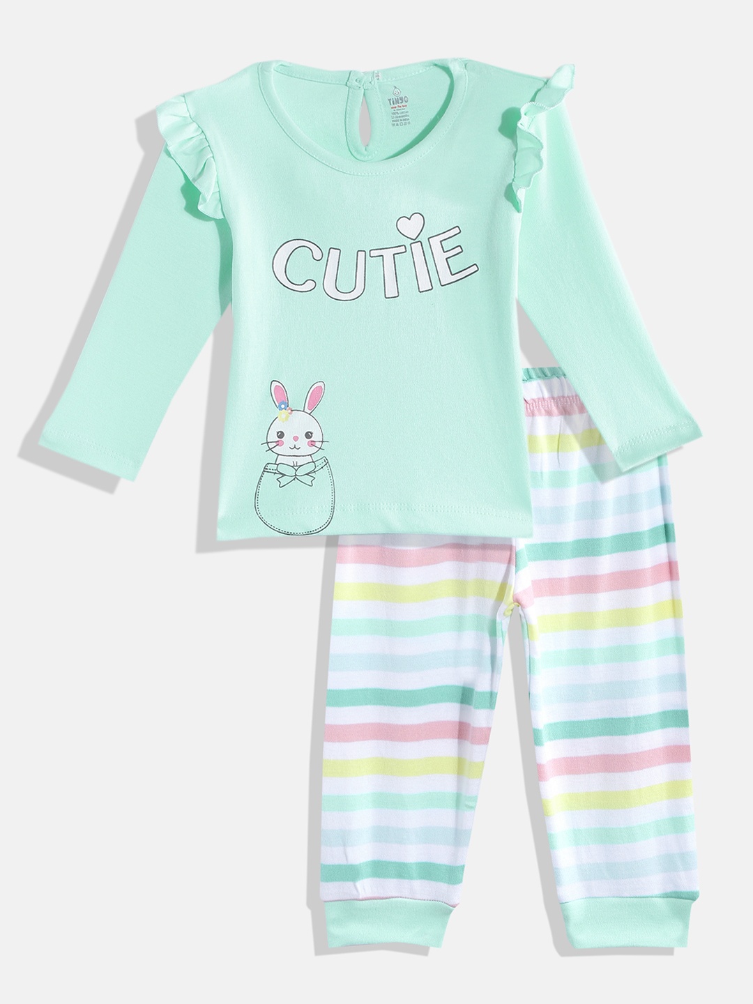 

TINYO Girls Infant Green & White Printed Top with Striped Leggings