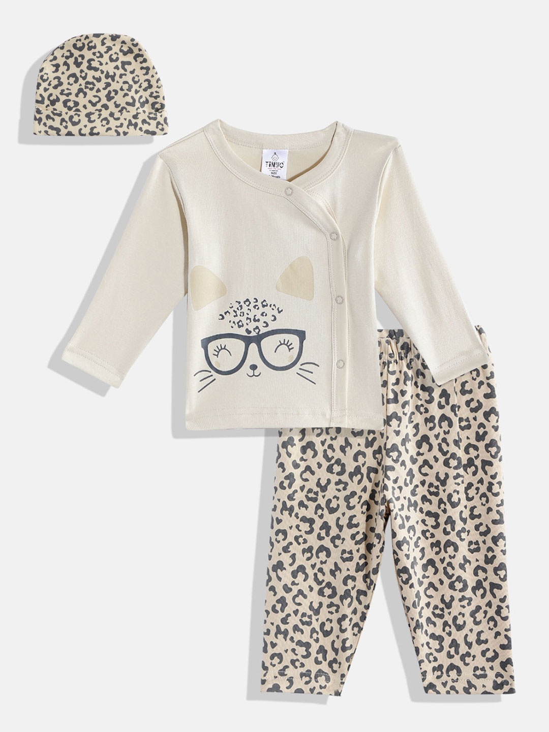 

TINYO Infant Girls Beige & Black Leopard Print Pure Cotton Top with Leggings & Cap