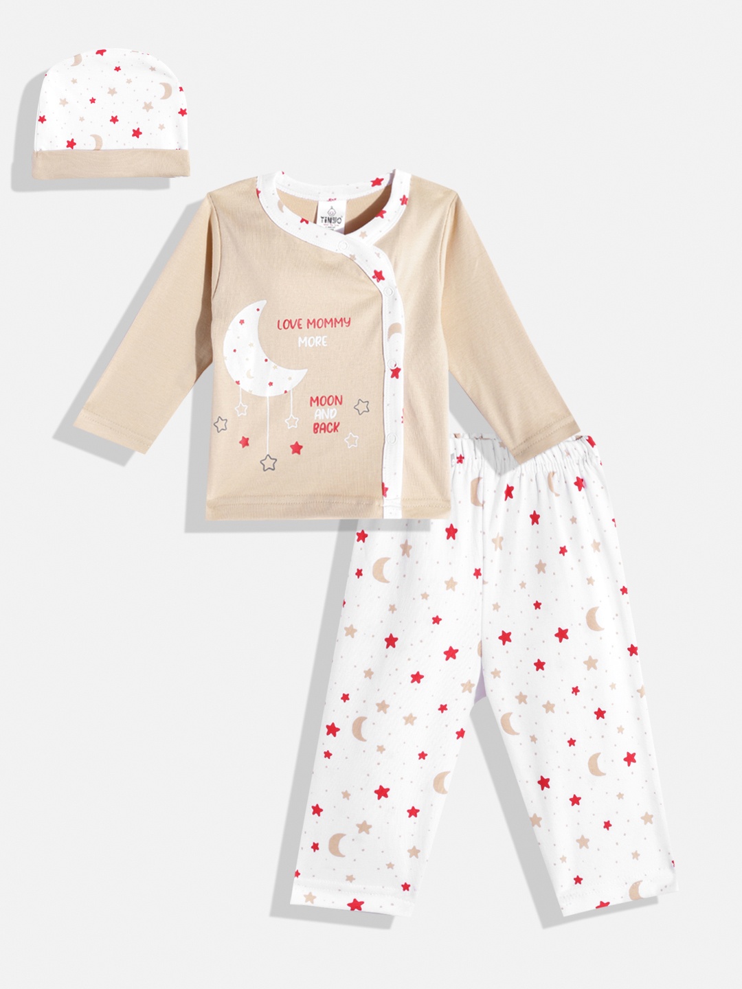 

TINYO Infant Girls Beige & White Printed Pure Cotton Top with Leggings & Cap