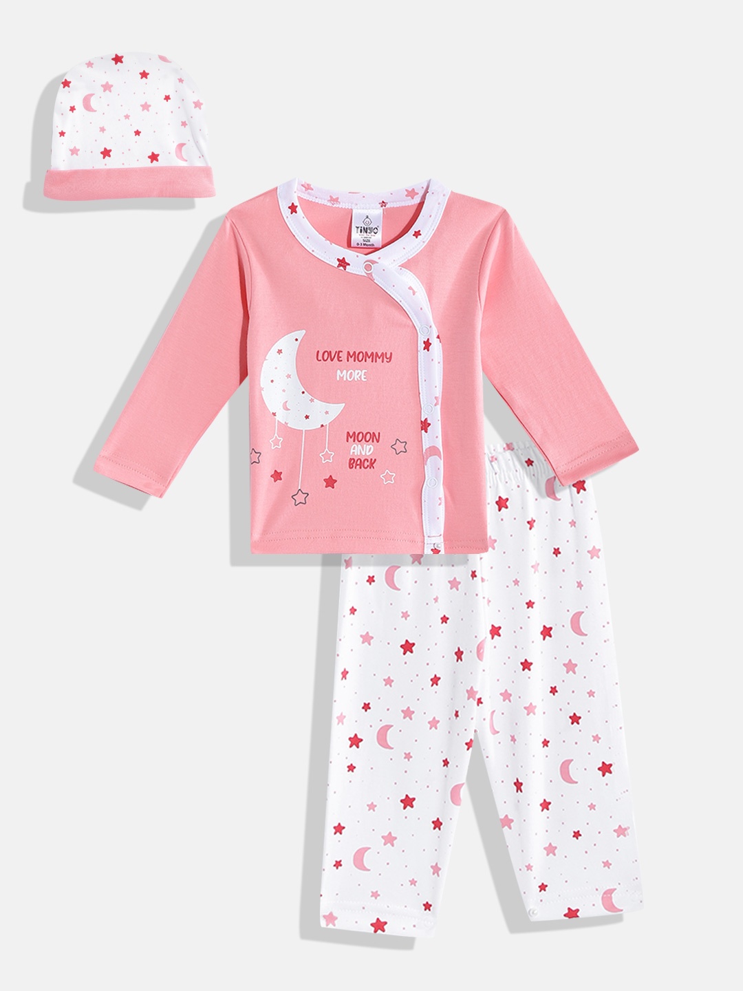 

TINYO Infant Girls Pink & White Printed Pure Cotton Jhabla with Trousers & Cap