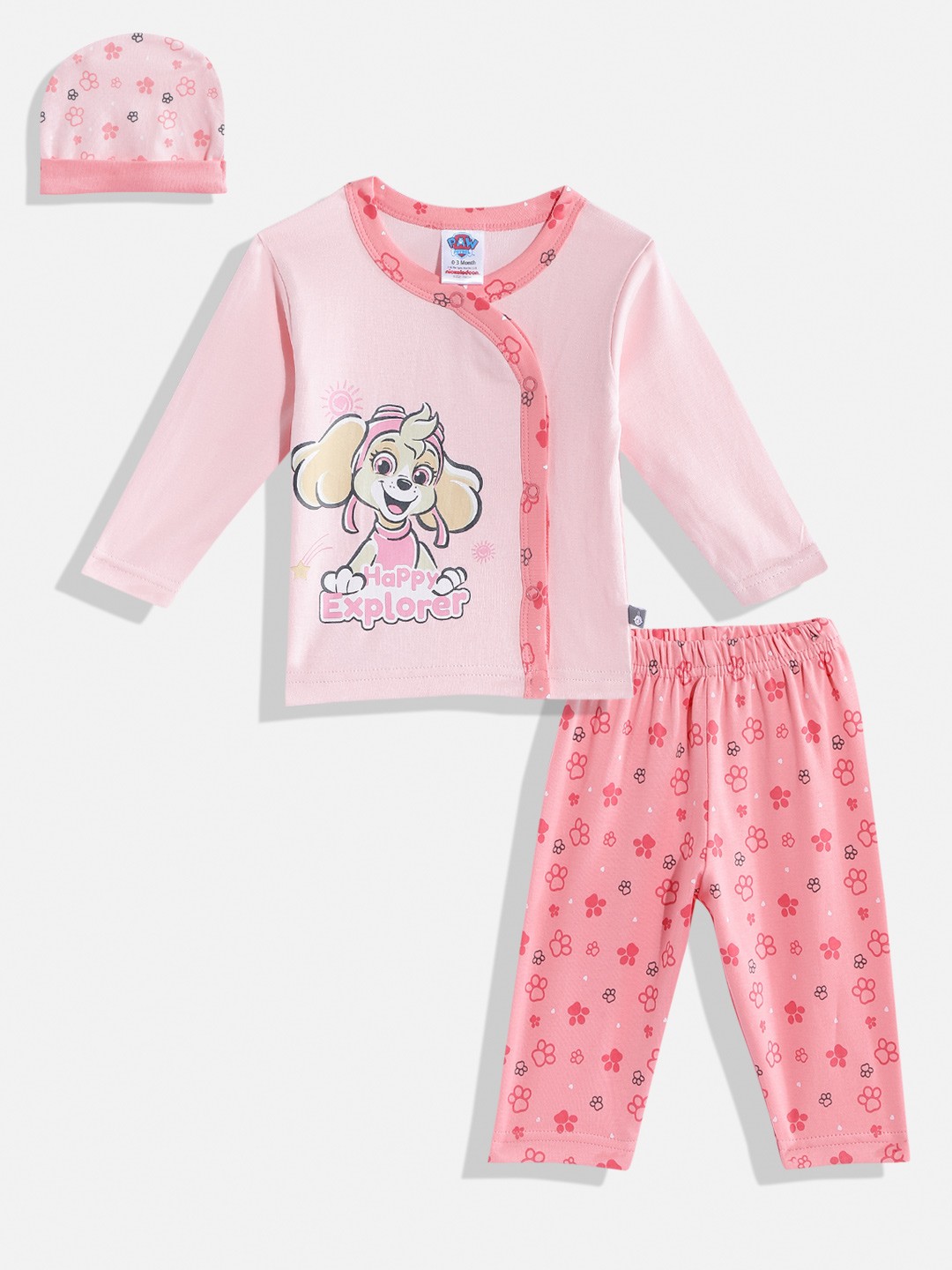 

TINYO Infant Girls Pink & Black Paw Patrol Print Pure Cotton Jhabla with Trousers & Cap