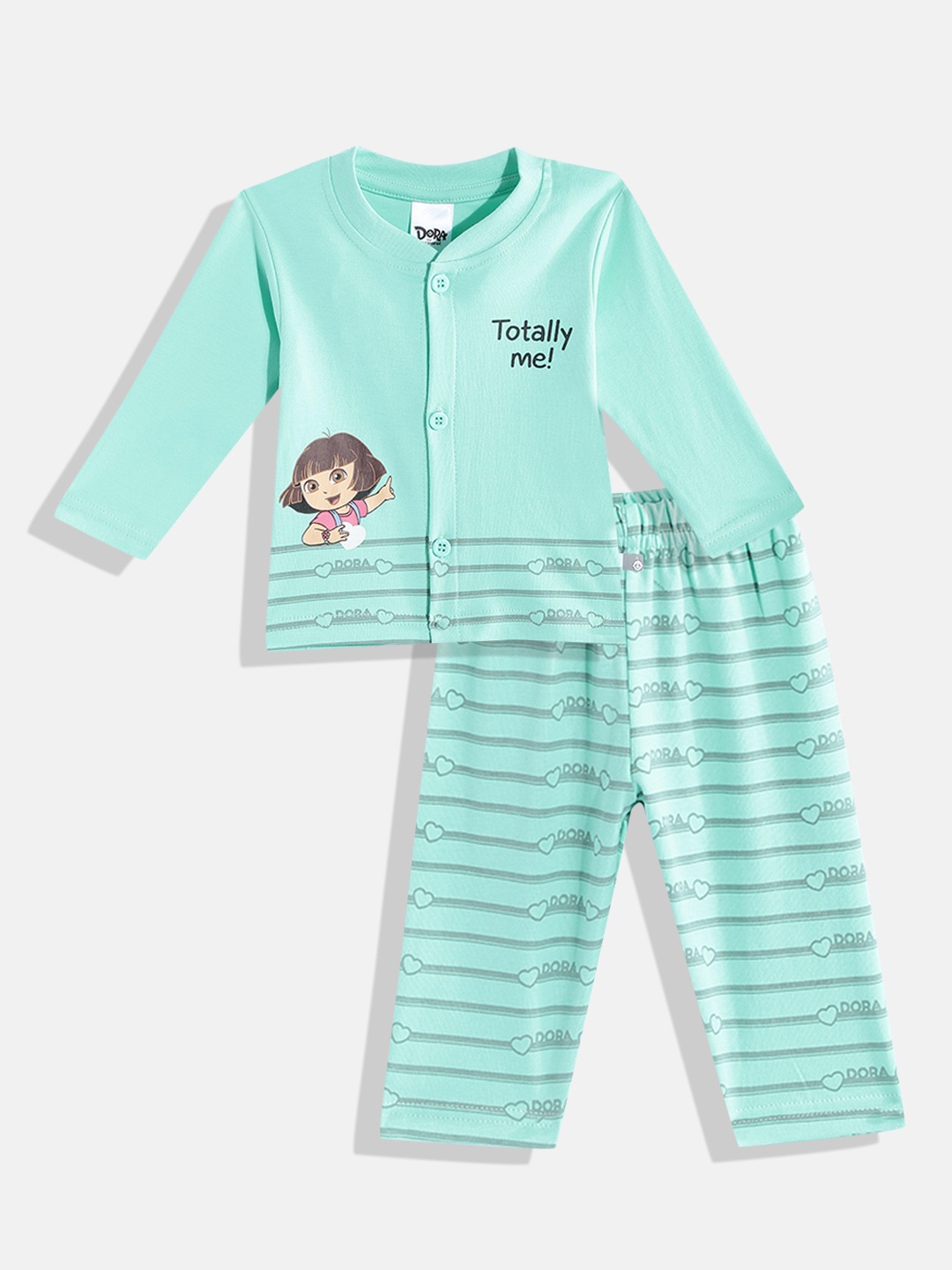 

TINYO Infant Girls Sea Green & Grey Dora Print Pure Cotton Jhabla with Trousers