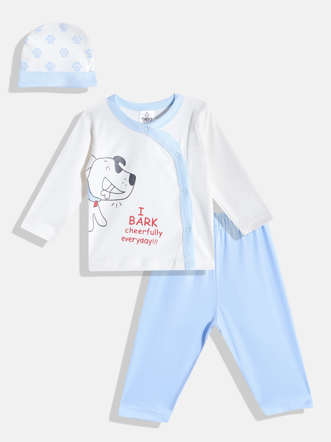 

TINYO Infant Boys White & Blue Printed Pure Cotton T-shirt with Striped Trousers & Cap