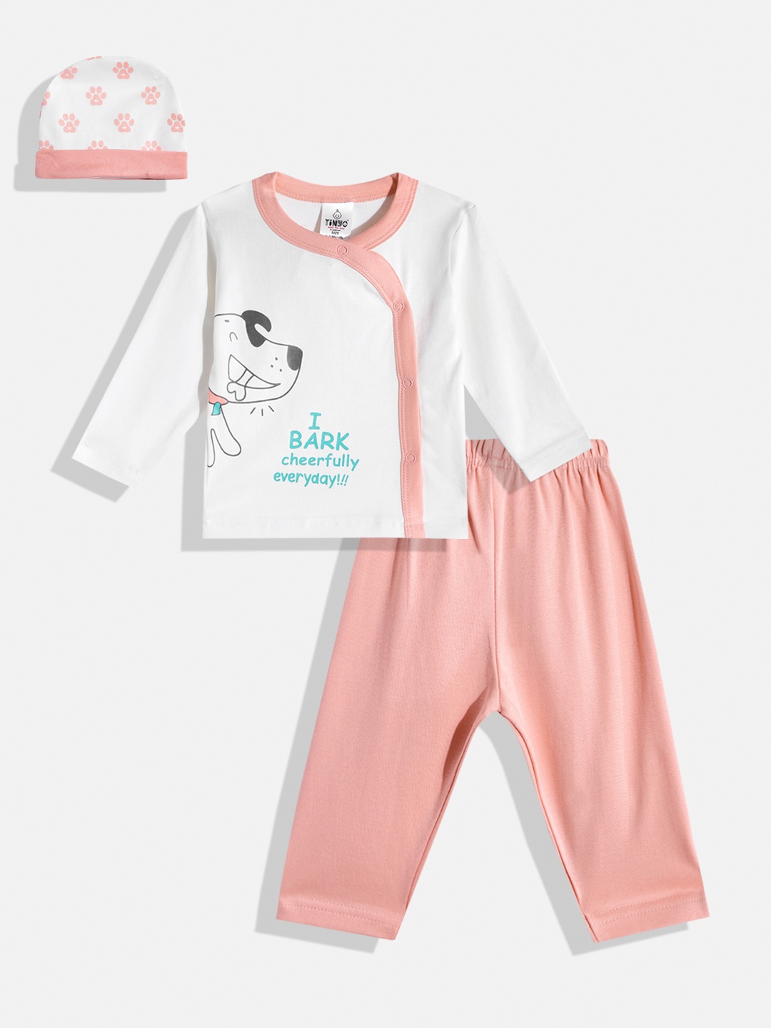 

TINYO Infant Boys Off-White & Peach-Coloured Printed Cotton T-shirt with Trousers & Cap