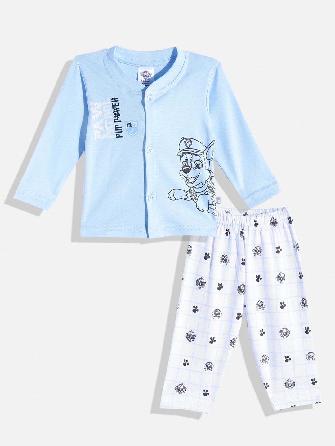 

TINYO Infant Boys Blue & White Paw Petrol Printed Pure Cotton T-shirt with Trousers