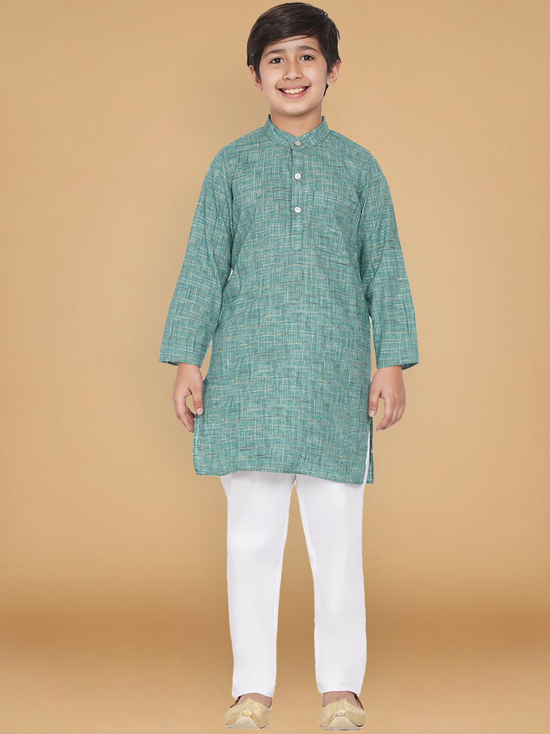 

titliyan Boys Green Flared Sleeves Thread Work Kurta