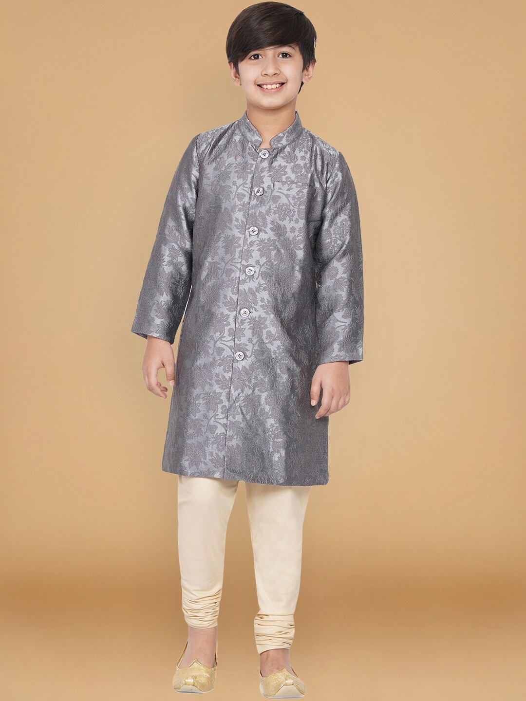 

titliyan Boys Grey Ethnic Motifs Cold-Shoulder Sleeves Thread Work Kurta