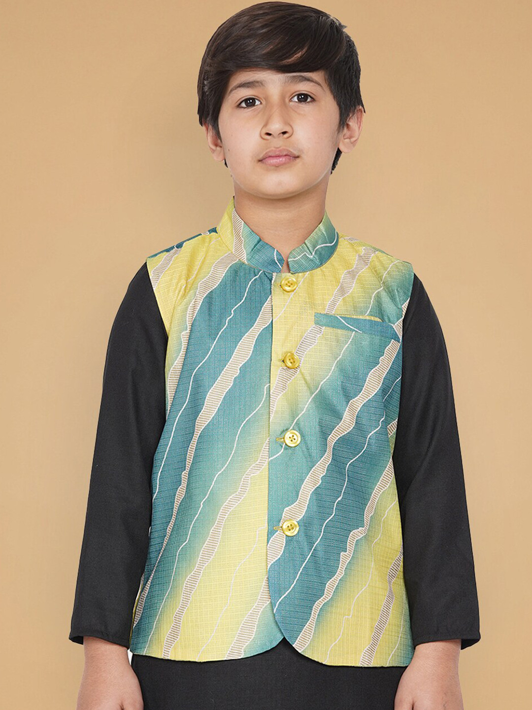 

titliyan Boys Green & Yellow Leheriya Digital Printed Nehru Jacket