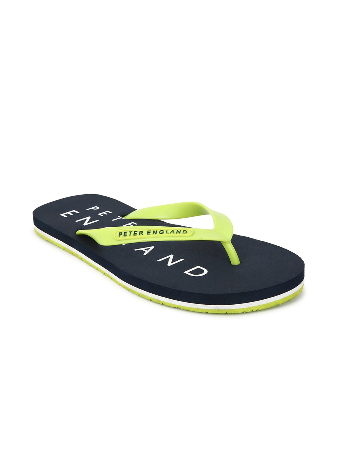 

Peter England Men Navy Blue & Green Printed Rubber Slip-On
