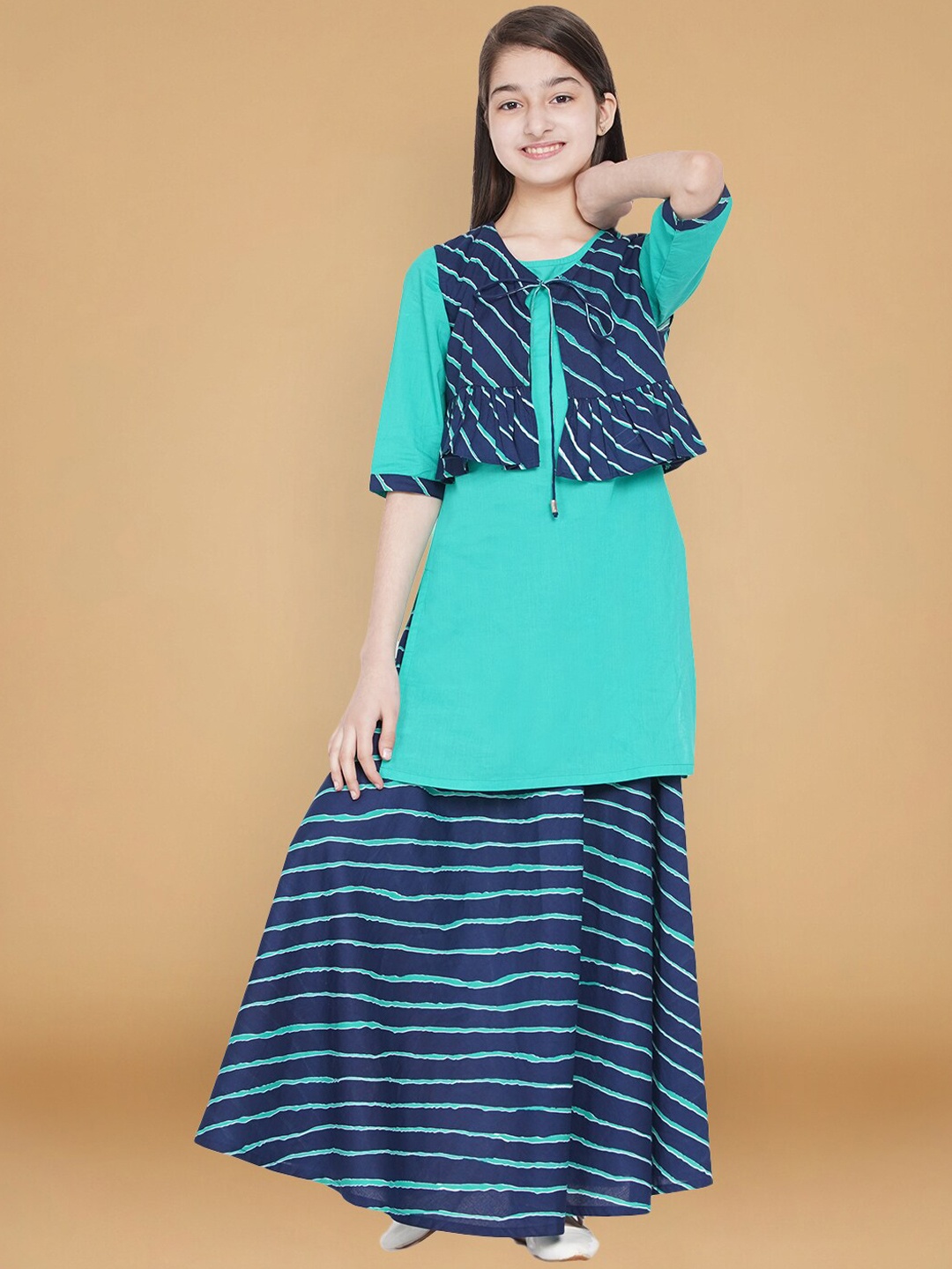 

titliyan Girls Blue Striped Panelled Pure Cotton Kurti with Skirt