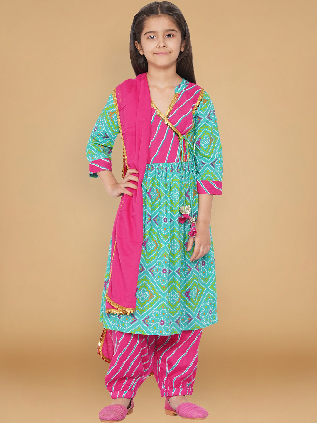 

titliyan Girls Blue Floral Embroidered Pleated Pure Cotton Kurti with Palazzos & With Dupatta