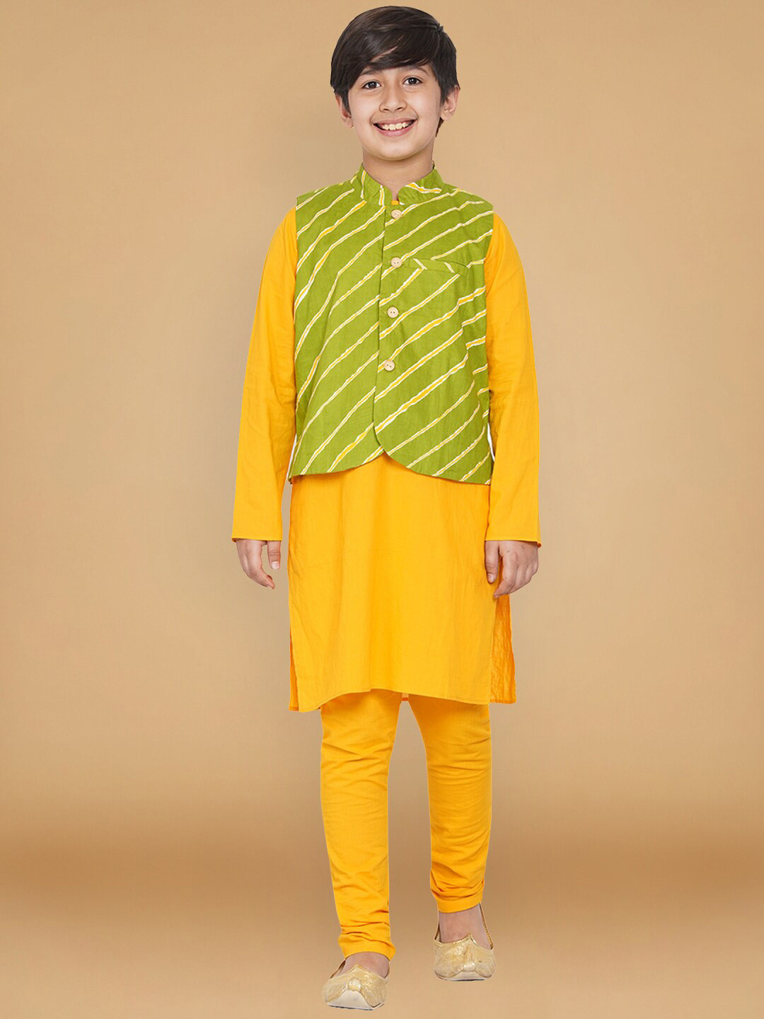 

titliyan Boys Yellow Striped Layered Pure Cotton Kurti with Pyjamas
