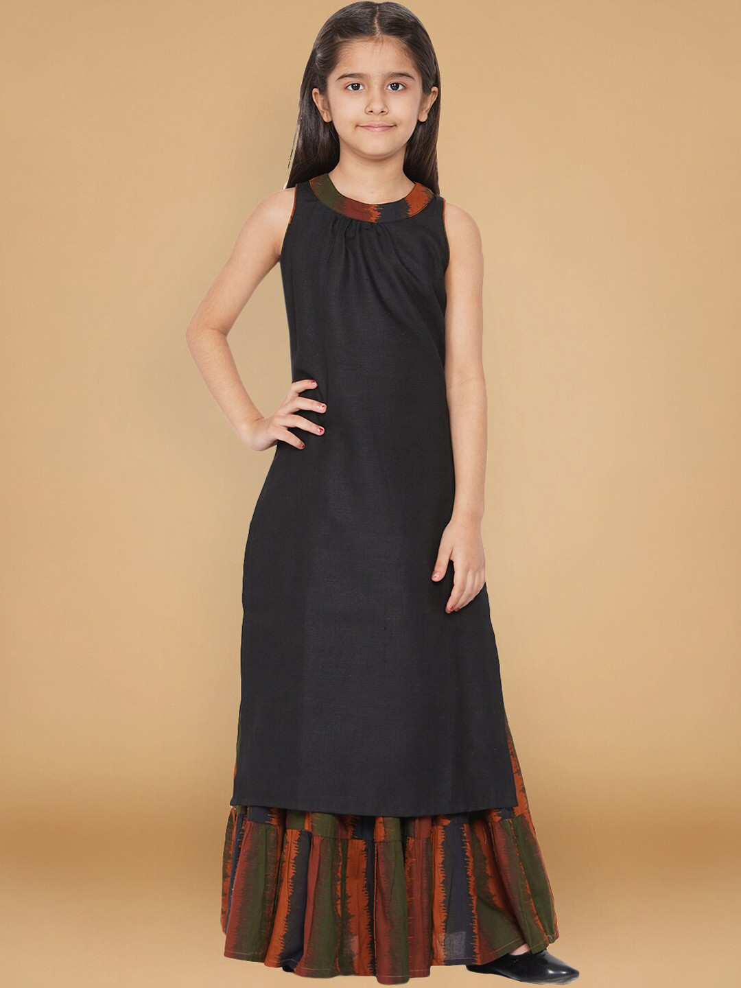 

titliyan Girls Black Embroidered Pleated Pure Cotton Kurti with Sharara