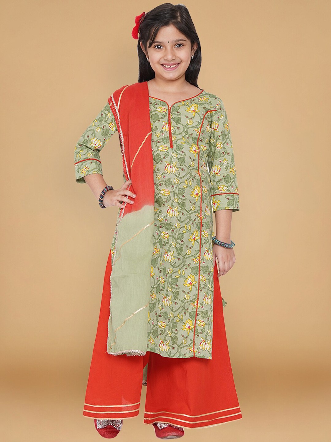 

titliyan Girls Green Floral Embroidered Pleated Pure Cotton Kurti with Sharara