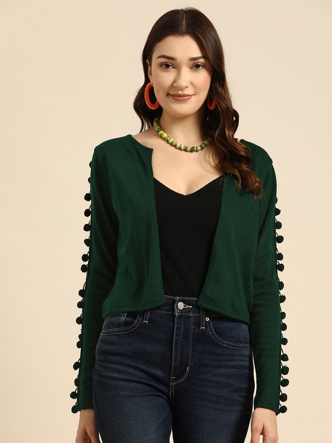 

Sangria Women Green Solid Acrylic Front Open Sweater With Pom-Pom Detail