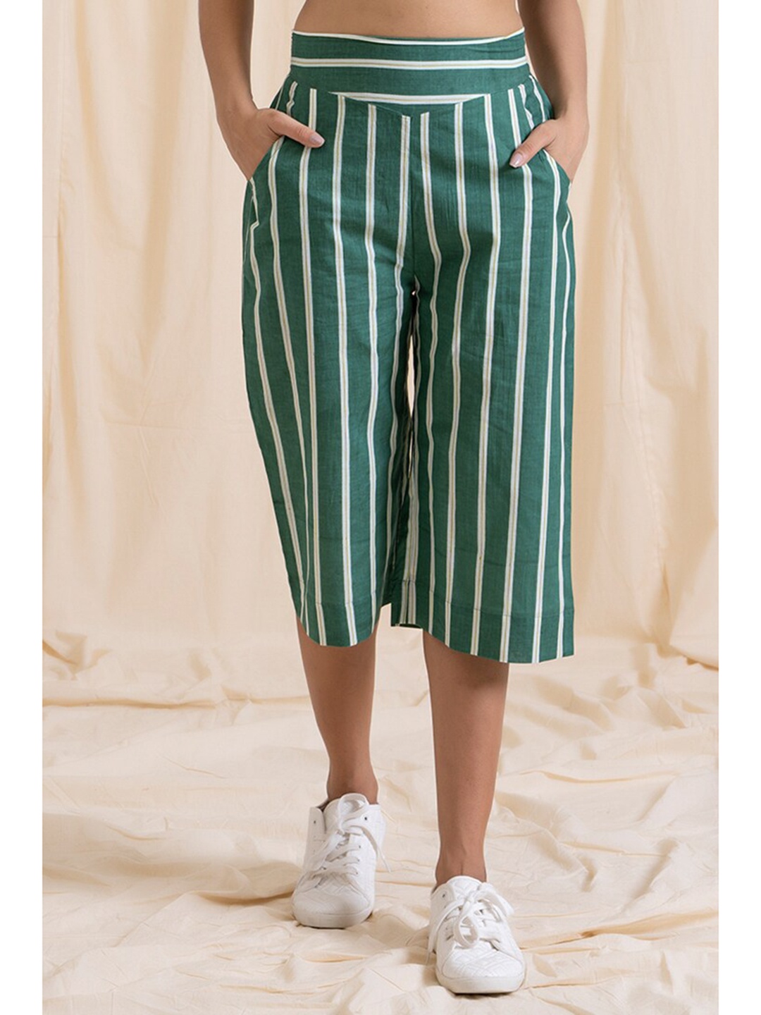 

AKISO Women Green Striped High-Rise Culottes Trousers