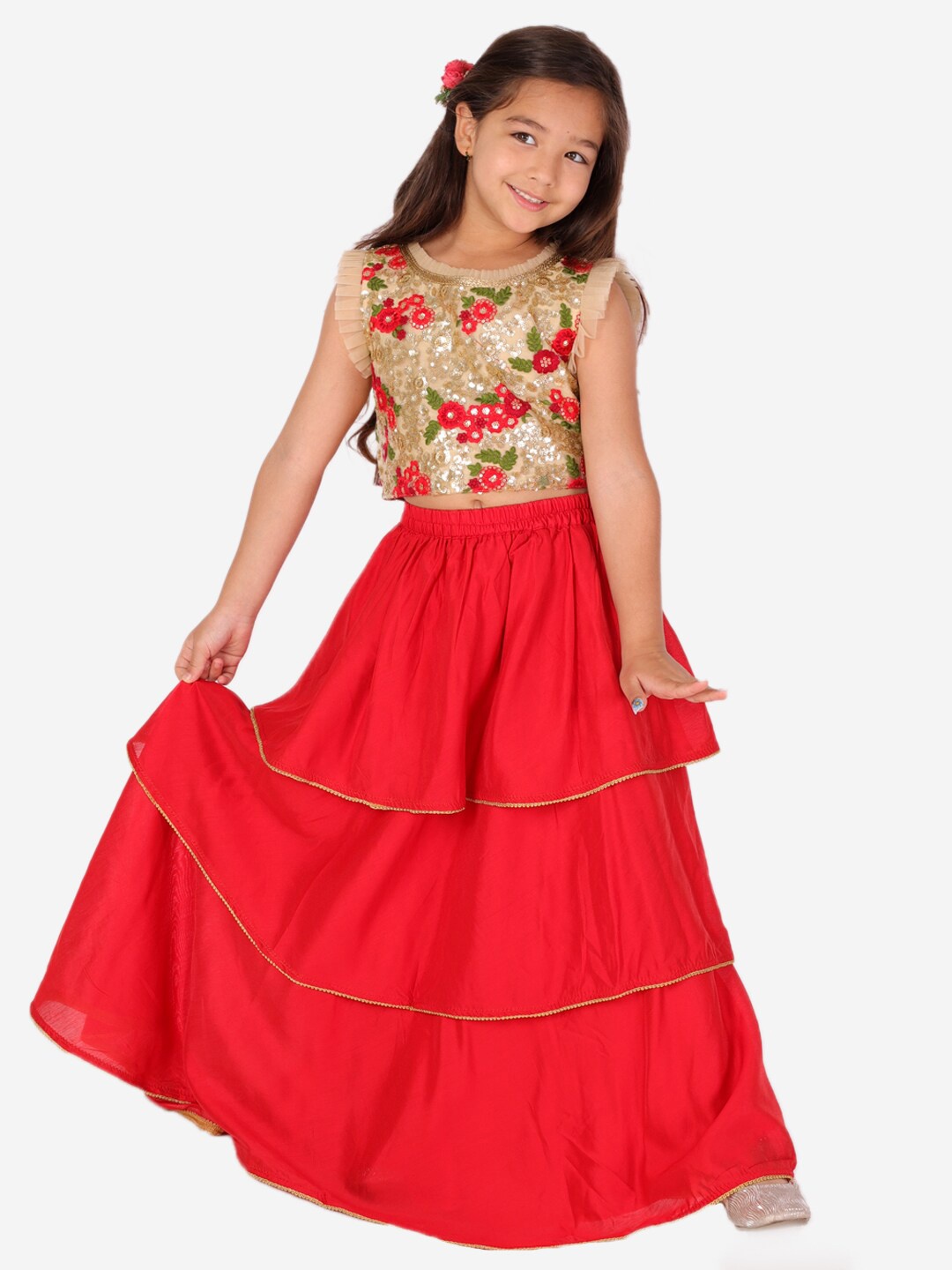 

KID1 Girls Gold-Toned & Red Embroidered Ready to Wear Lehenga &