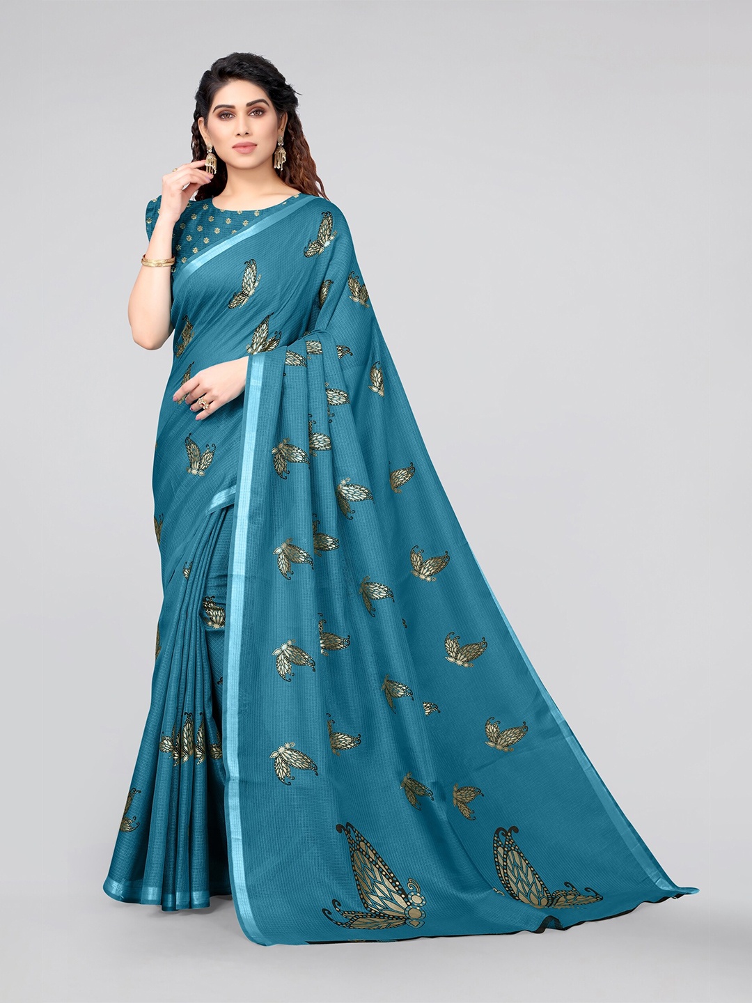 

MIRCHI FASHION Teal & Gold-Toned Embellished Zari Kota Saree