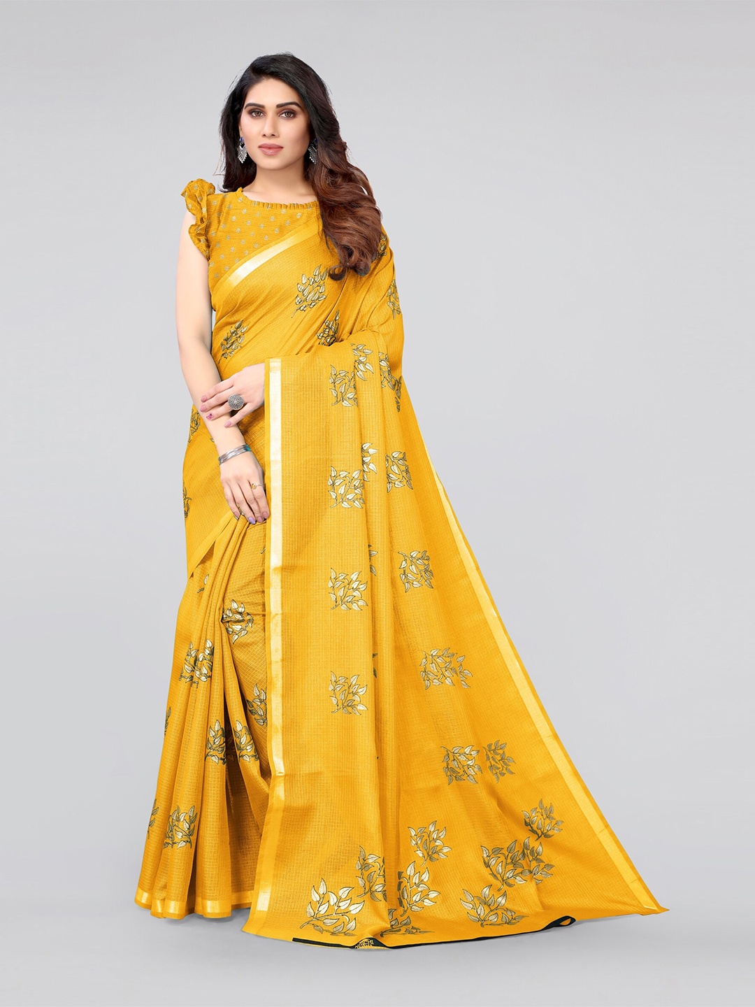 

MIRCHI FASHION Mustard & Gold-Toned Embellished Zari Kota Saree