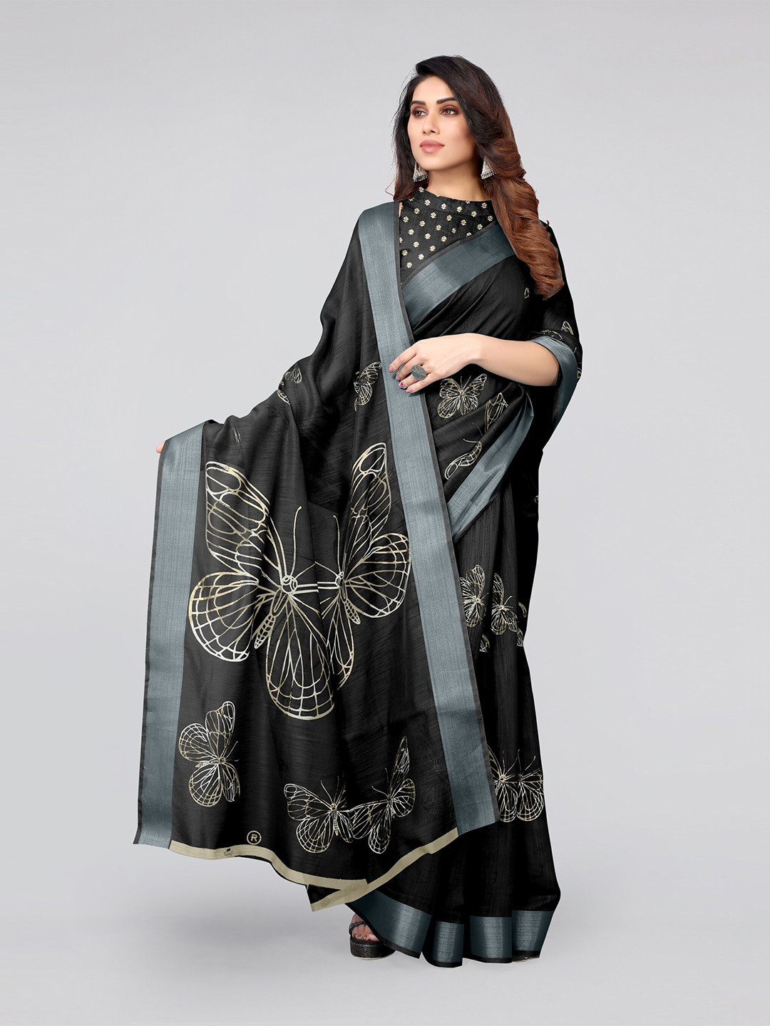 

MIRCHI FASHION Black & Grey Embellished Zari Saree
