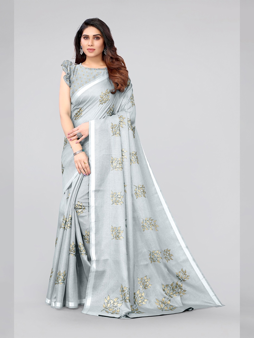 

MIRCHI FASHION Grey & Gold-Toned Embellished Zari Kota Saree