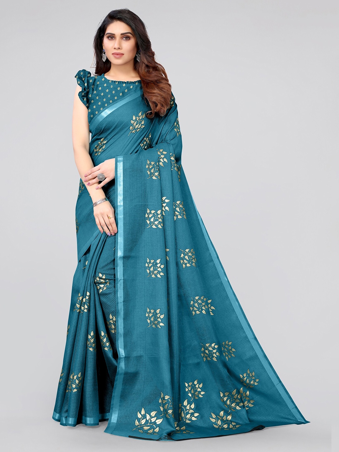 

MIRCHI FASHION Teal & Gold-Toned Embellished Zari Kota Saree