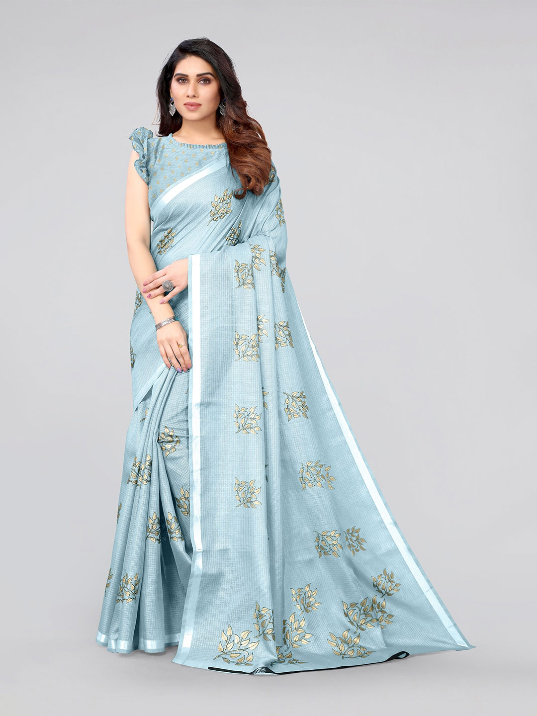 

MIRCHI FASHION Blue & Gold-Toned Embellished Zari Kota Saree