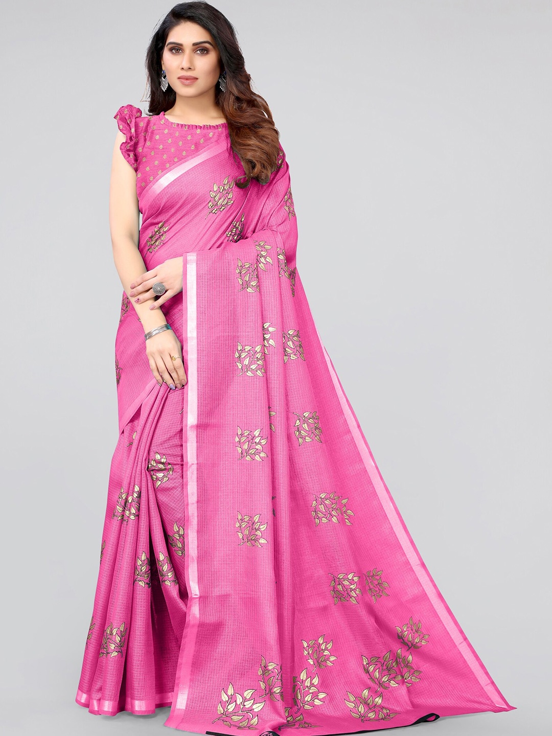 

MIRCHI FASHION Pink & Gold-Toned Embellished Zari Kota Saree