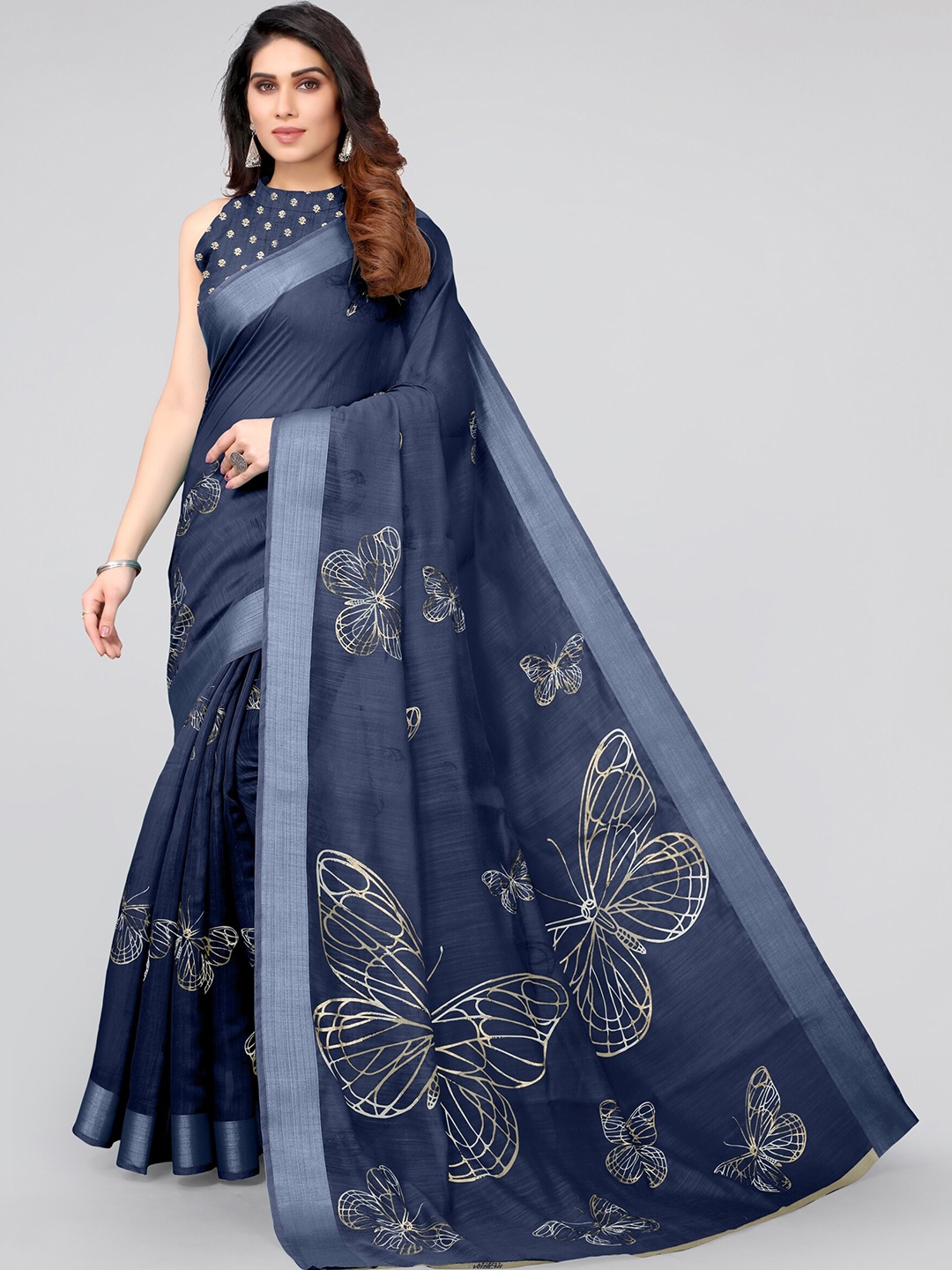 

MIRCHI FASHION Navy Blue & Gold-Toned Embellished Zari Saree