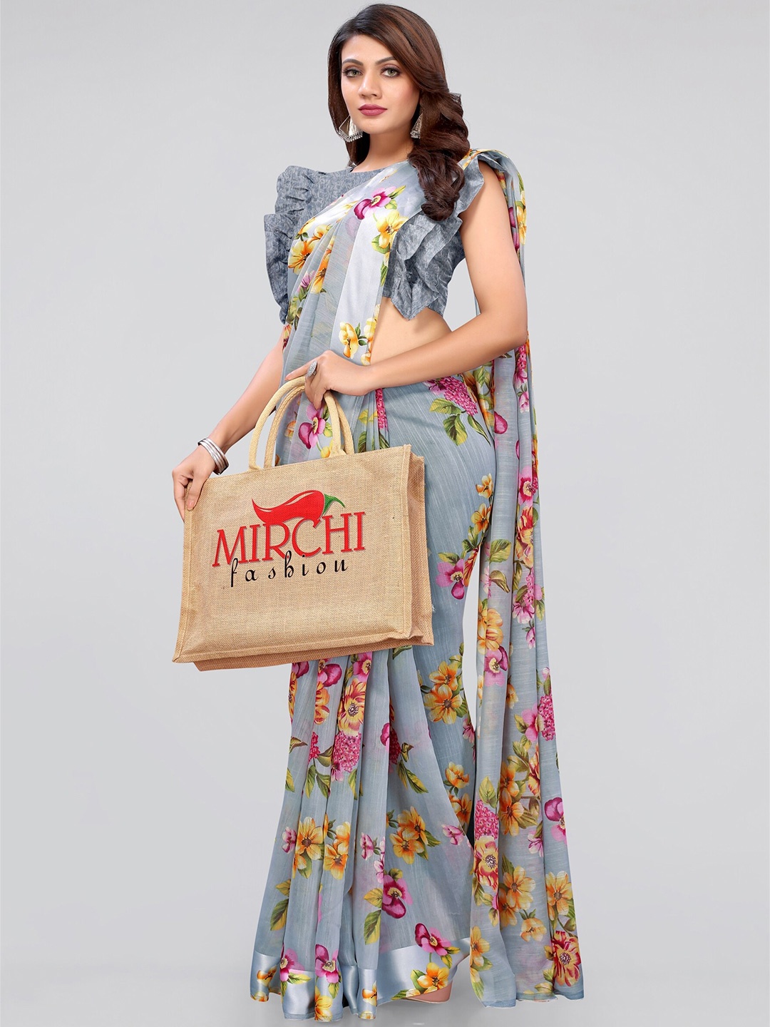 

MIRCHI FASHION Grey & Yellow Floral Saree