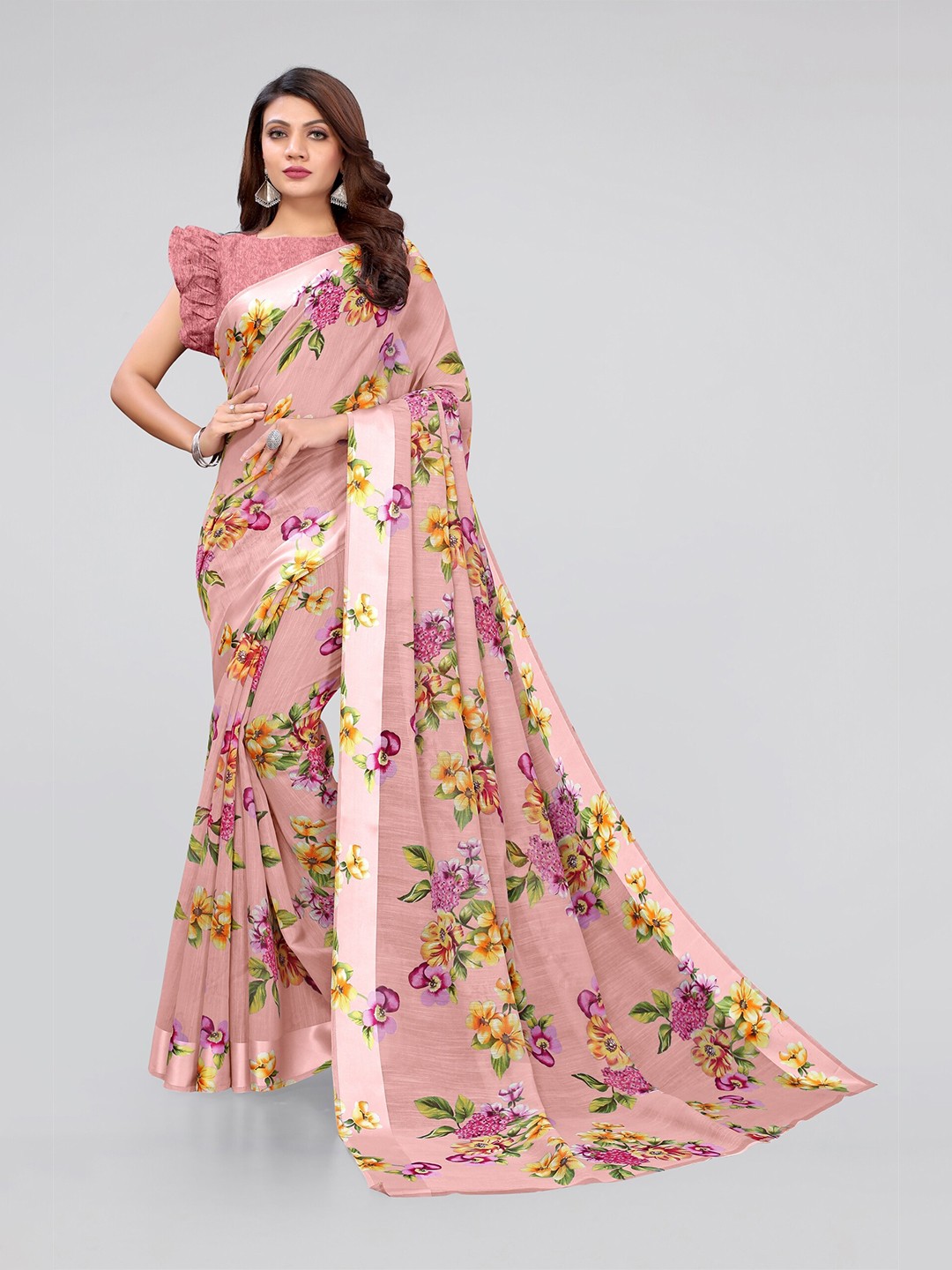

MIRCHI FASHION Pink & Green Floral Saree