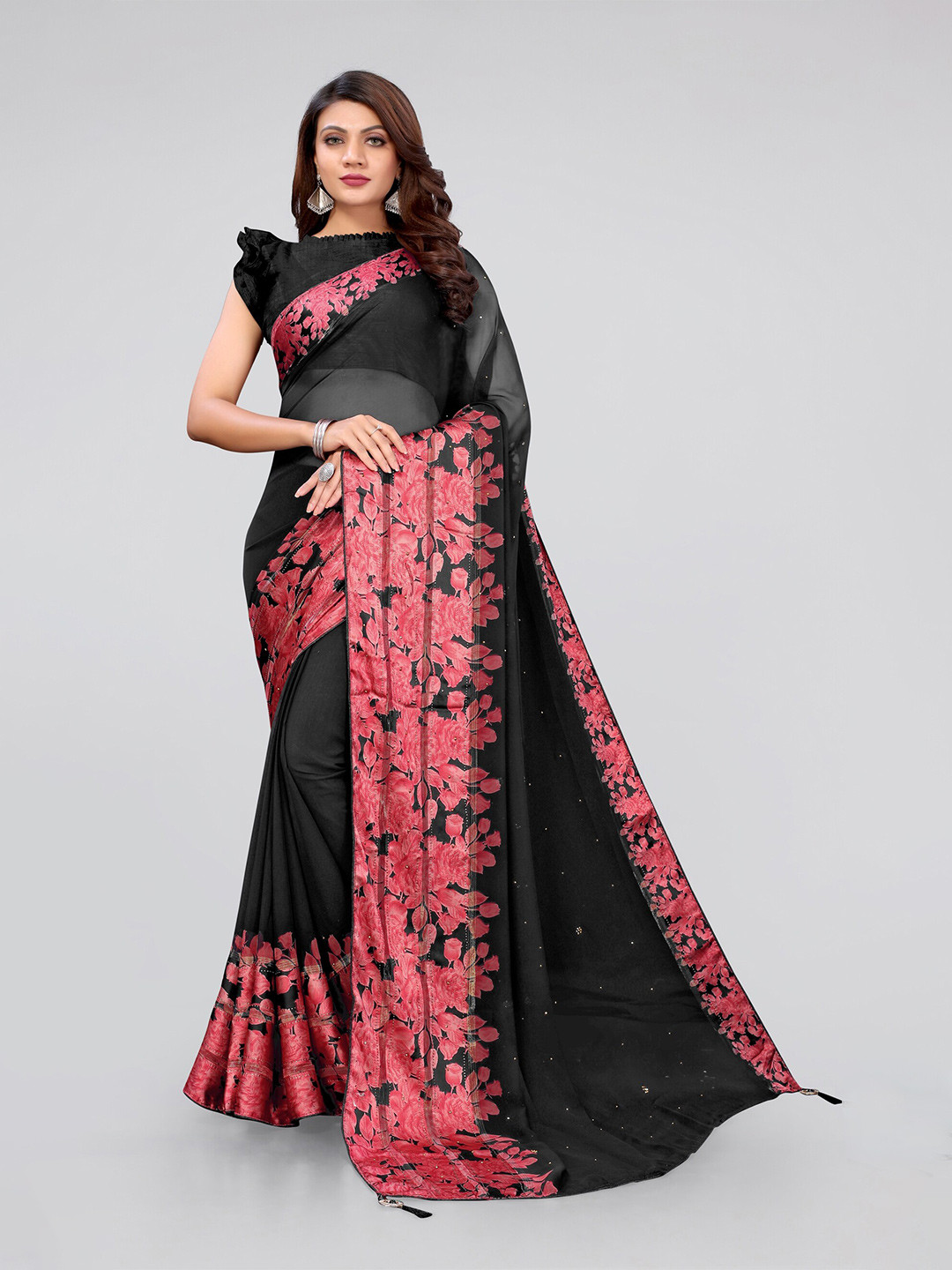 

MIRCHI FASHION Black & Pink Floral Saree