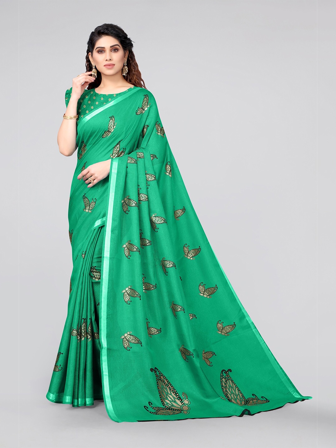 

MIRCHI FASHION Green & Black Embellished Zari Kota Saree