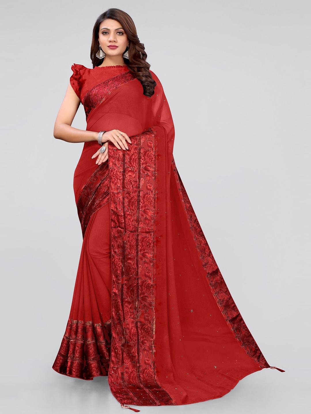 

MIRCHI FASHION Red Floral Zari Saree