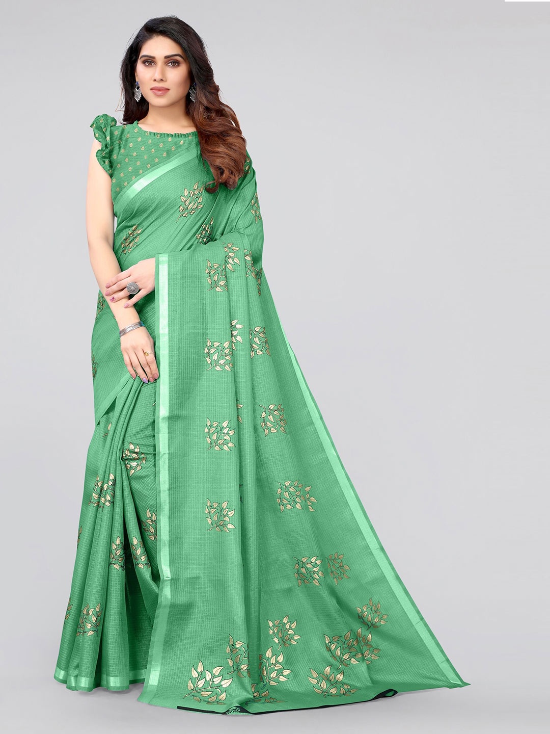 

MIRCHI FASHION Green & Gold-Toned Embellished Zari Kota Saree