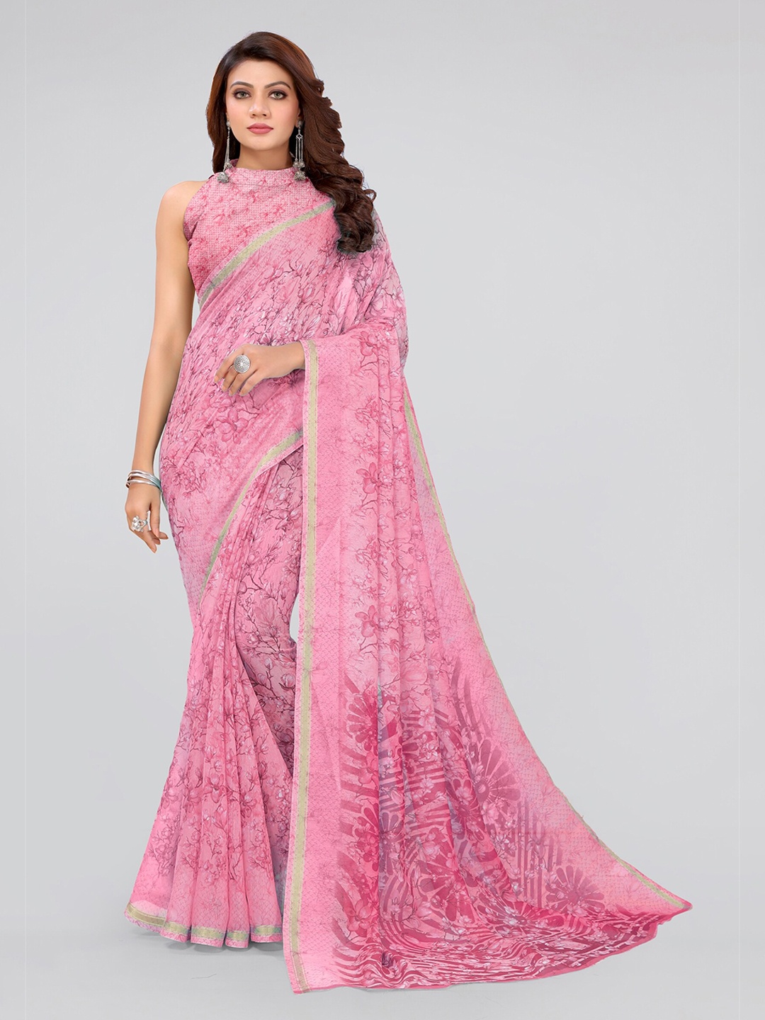 

MIRCHI FASHION Pink & Gold-Toned Floral Zari Saree