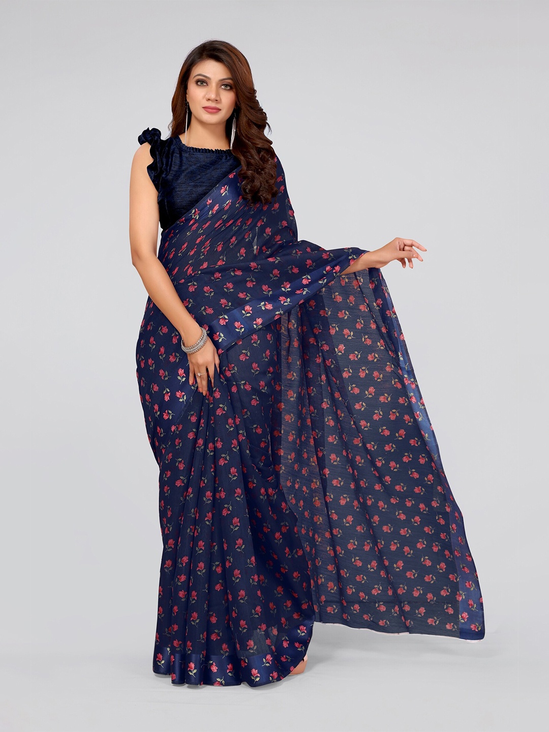 

MIRCHI FASHION Navy Blue & Pink Floral Saree