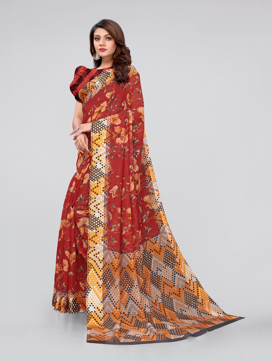 

MIRCHI FASHION Red & Yellow Floral Saree