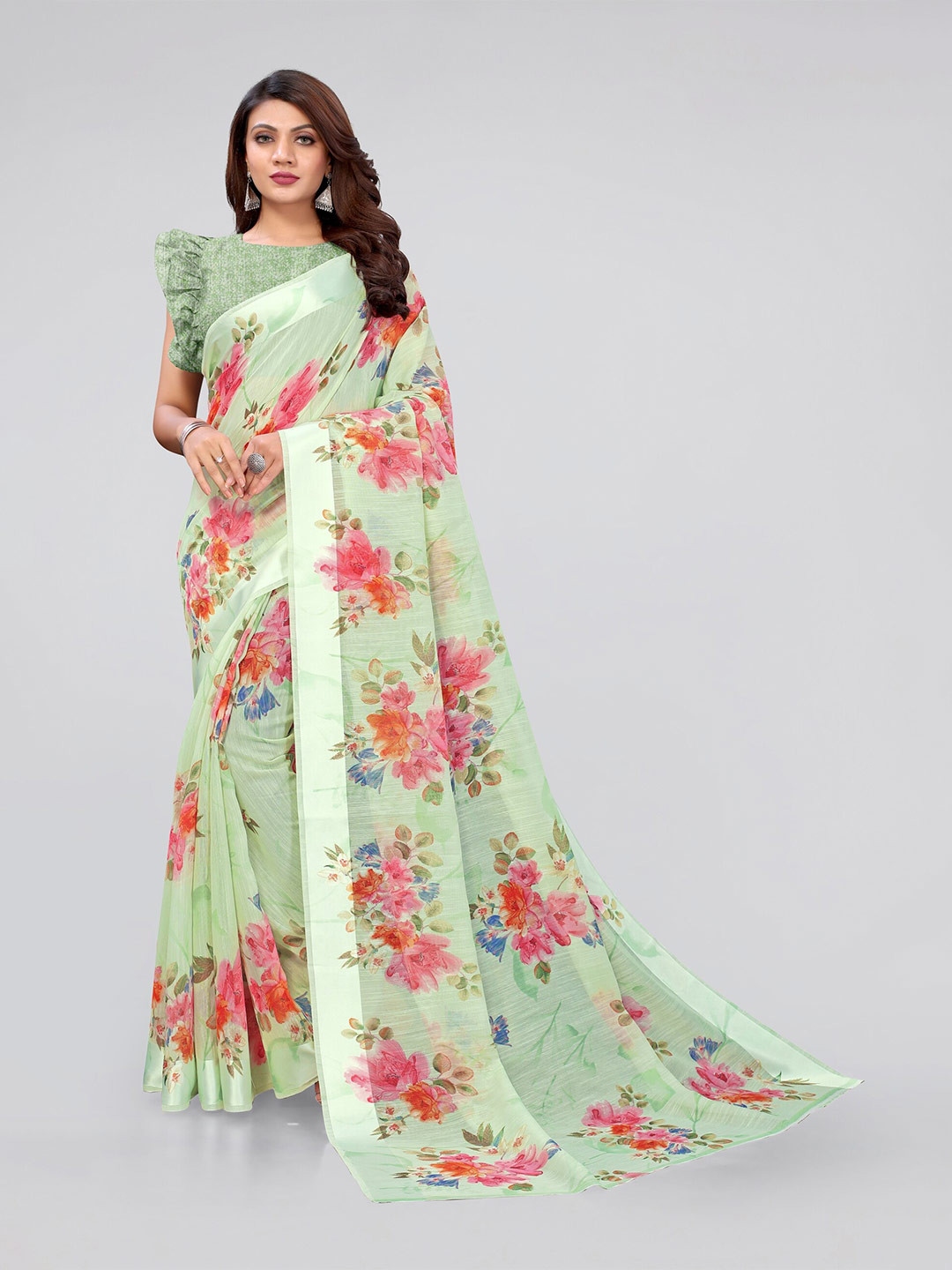 

MIRCHI FASHION Green & Pink Floral Saree