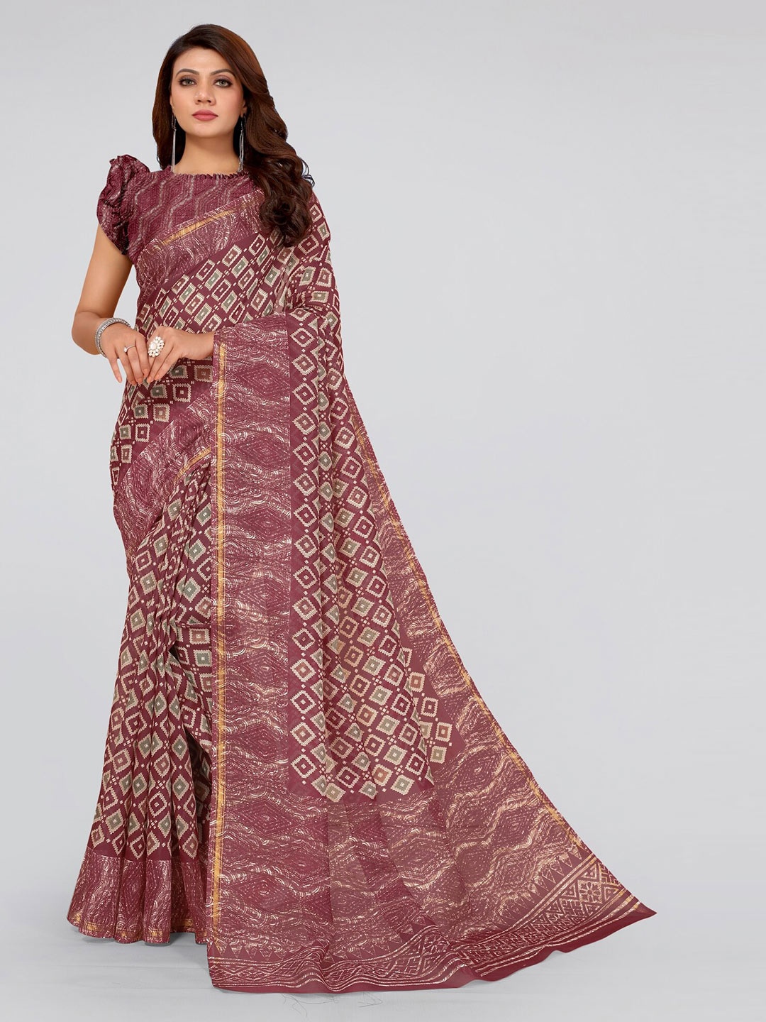 

MIRCHI FASHION Brown & Gold-Toned Zari Saree