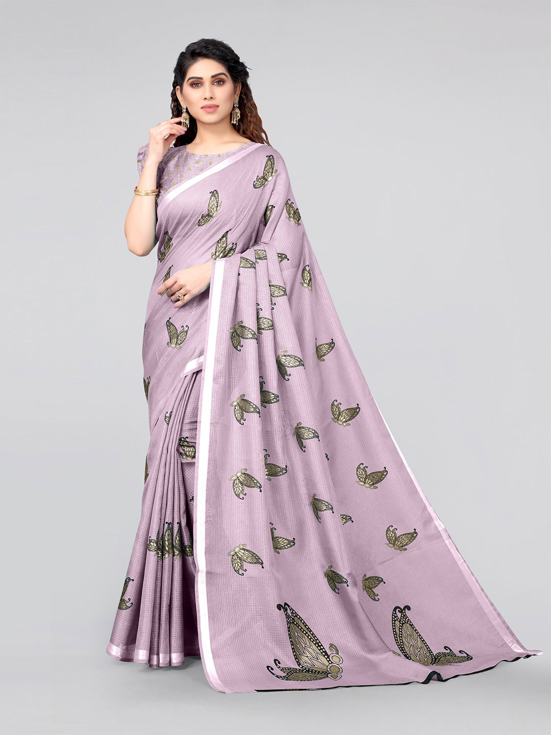 

MIRCHI FASHION Purple & Green Embellished Zari Kota Saree