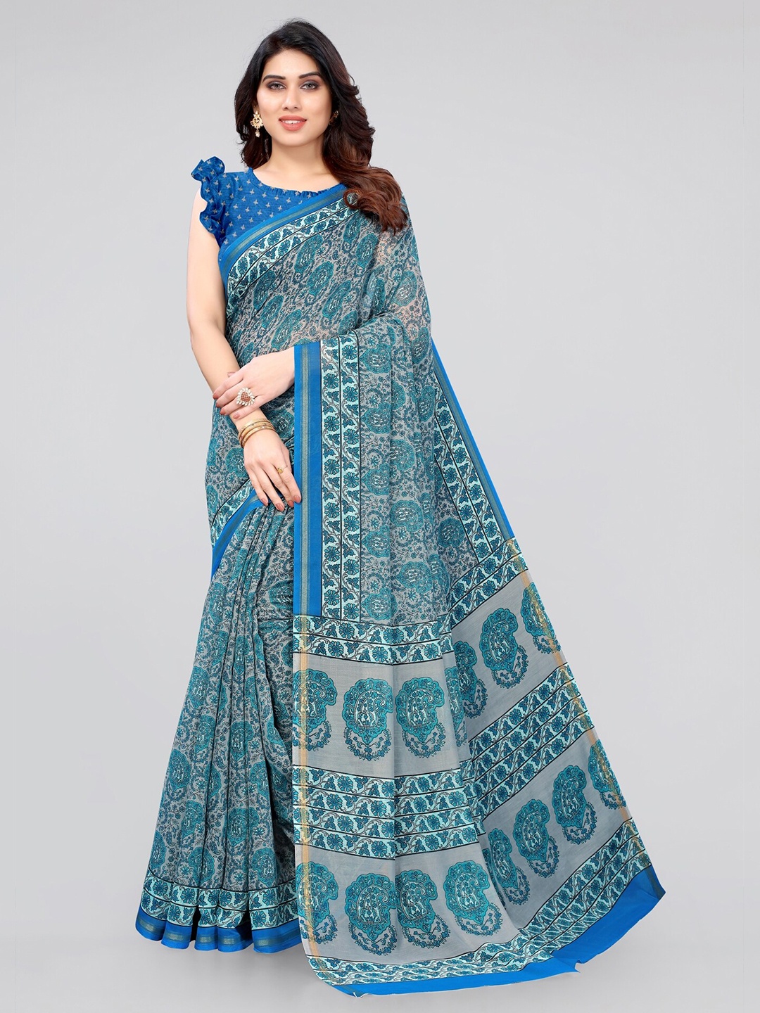 

MIRCHI FASHION Grey & Blue Paisley Zari Bagru Saree