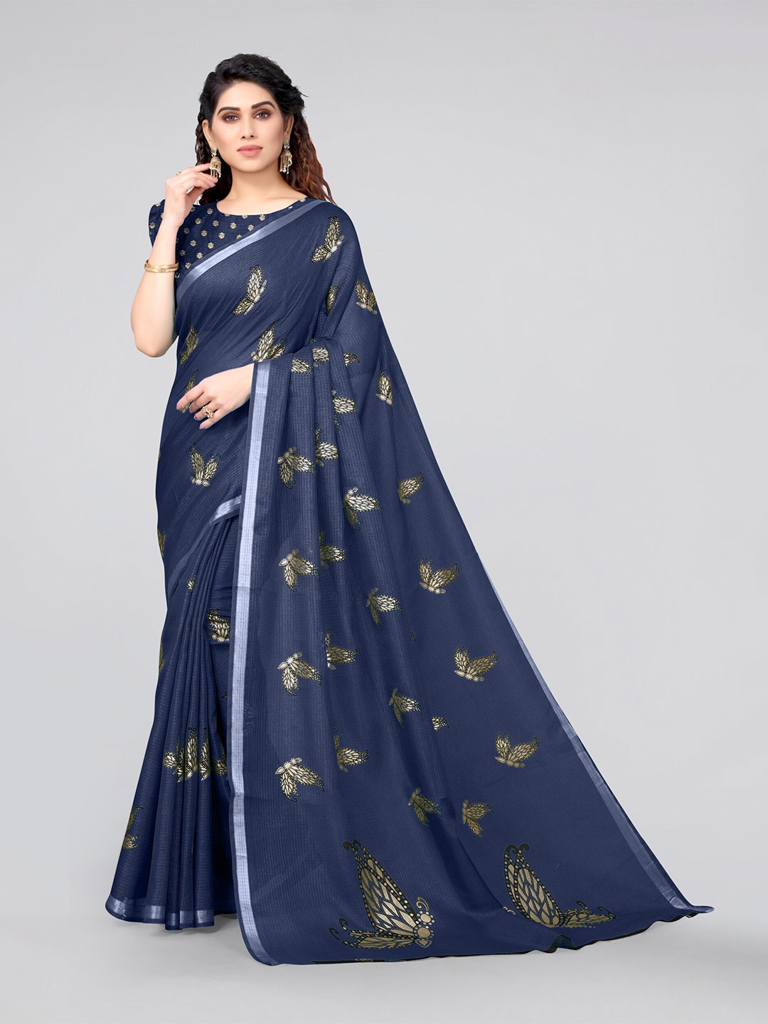 

MIRCHI FASHION Navy Blue & Gold-Toned Embellished Zari Kota Saree