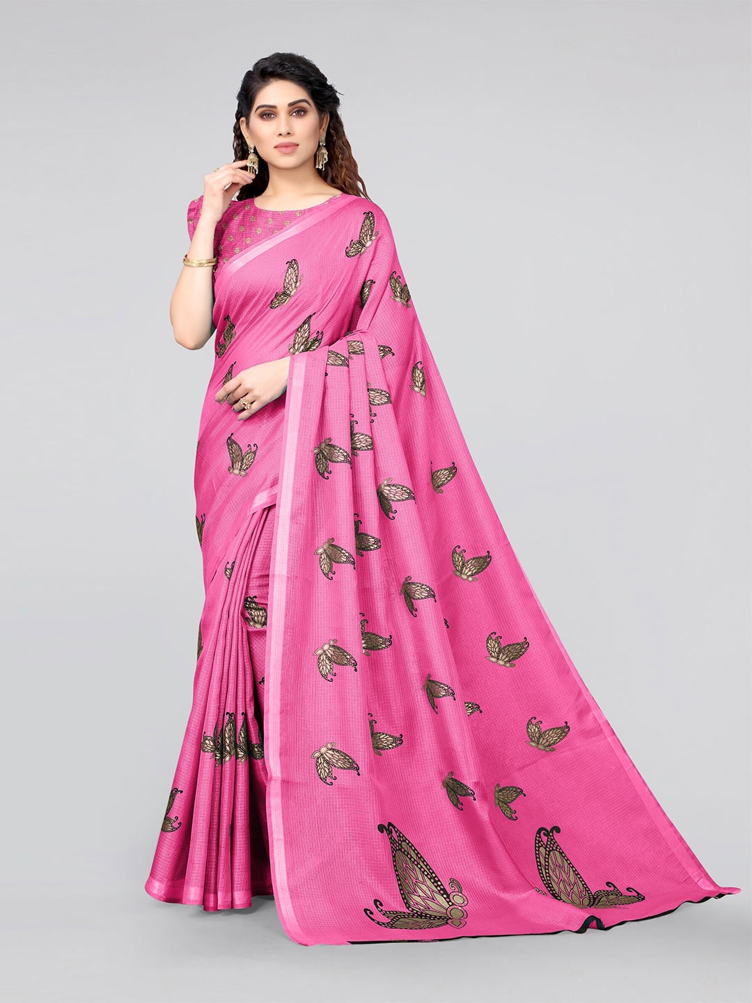 

MIRCHI FASHION Pink & Black Embellished Zari Kota Saree