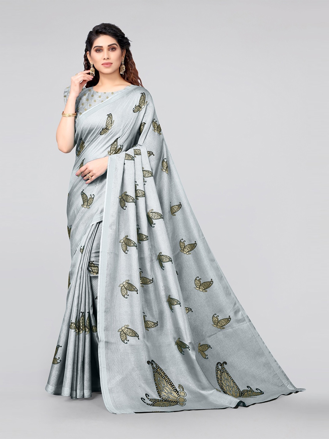 

MIRCHI FASHION Grey & Gold-Toned Embellished Zari Kota Saree