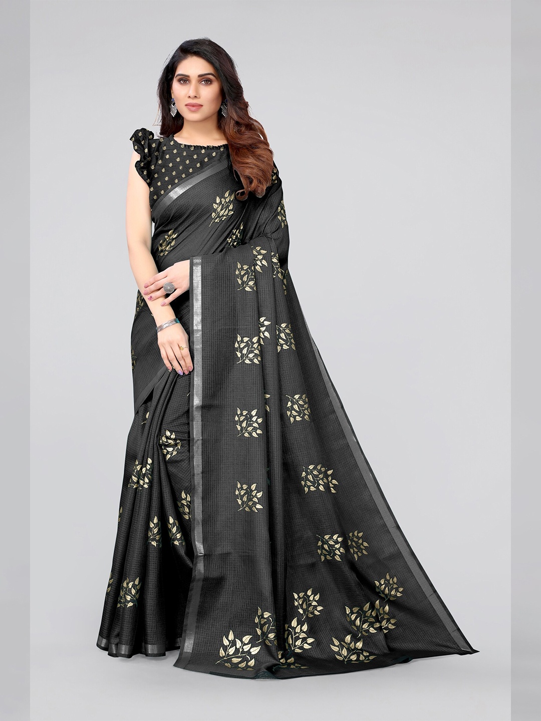 

MIRCHI FASHION Black & Gold-Toned Embellished Zari Kota Saree