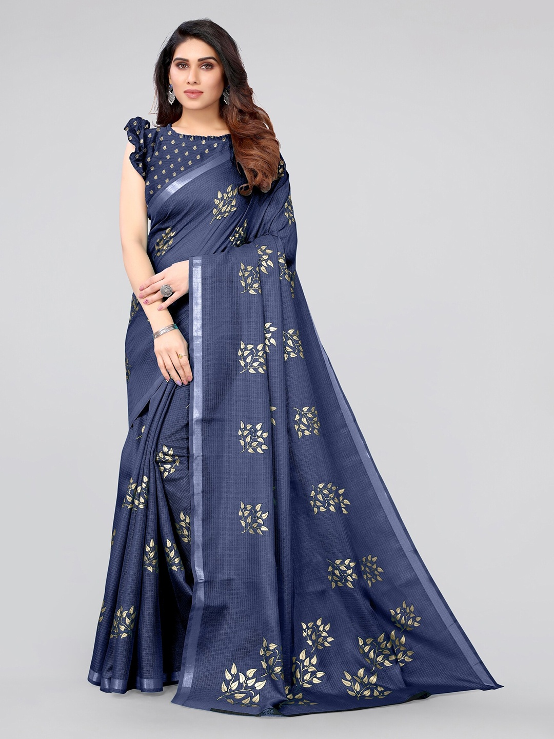 

MIRCHI FASHION Navy Blue & Gold-Toned Embellished Zari Kota Saree